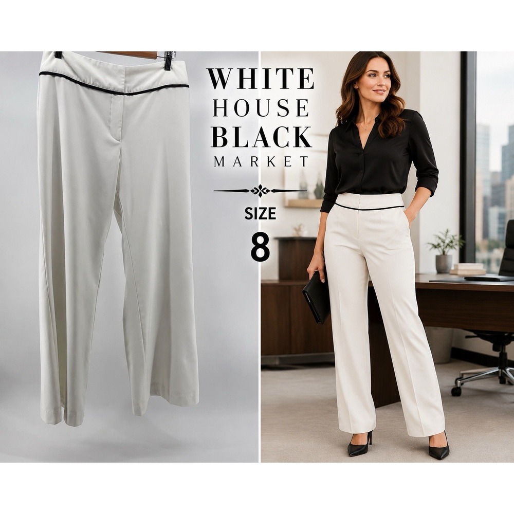 White House Black Market Ivory Wide Leg Pants Sz 8 Black Trim Career Office Chic